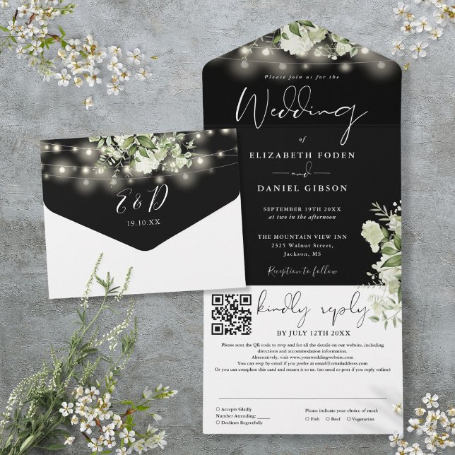 QR-Code Hochzeitscodierung für Schwarz-Weiß-Blumen All In One Einladung (Black And White Floral Lights QR Code Wedding All In One Invitation)