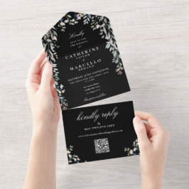 QR-Code Hochzeitscodierung für Schwarz-Weiß-Blumen All In One Einladung