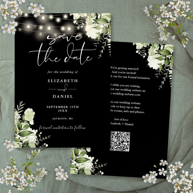 QR-Code Hochzeitscodierung für Schwarz-Weiß-Blumen Save The Date (Black And White Floral Lights QR Code Wedding Save The Date)