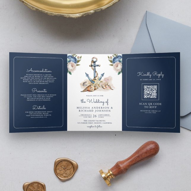 QR-Code Hochzeitscodierung für wasserfarbene blaue Dreifach Gefaltete Einladung (Von Creator hochgeladen)