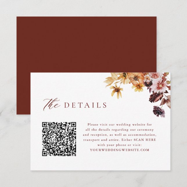 QR Code Hochzeitsdetails für Rustikale Fall-Flora Begleitkarte (Vorne/Hinten)