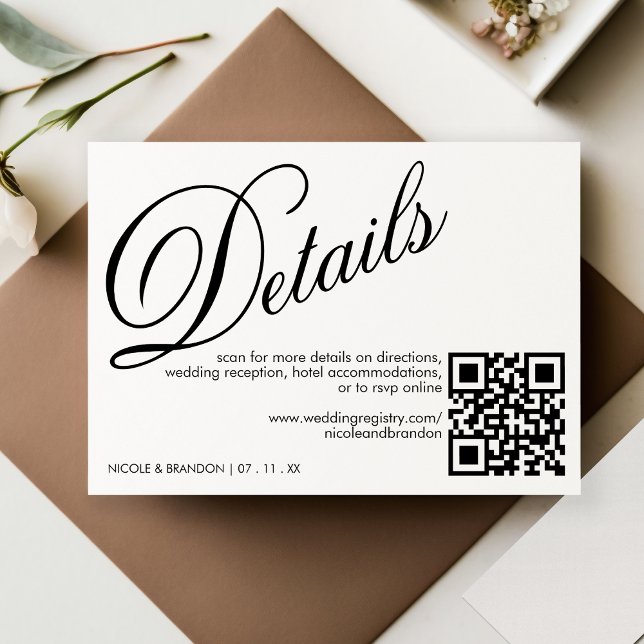 QR Code Hochzeitsdetails in Weiß und Schwarz Begleitkarte (White & Black Elegant QR Code Wedding Detail Enclosure Card)