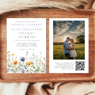 QR-Code Hochzeitsfoto Wildblumenfeld Einladung