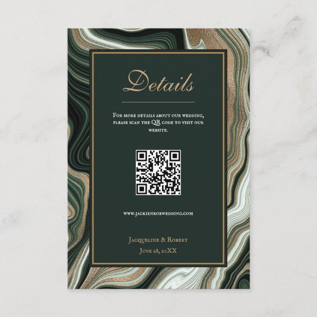 QR Code Hochzeitskarte für Green & Gold-Marmor Begleitkarte (Vorderseite)