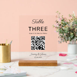 QR-Code-Hochzeitsmenü-Tischnummernkarte Acrylschild