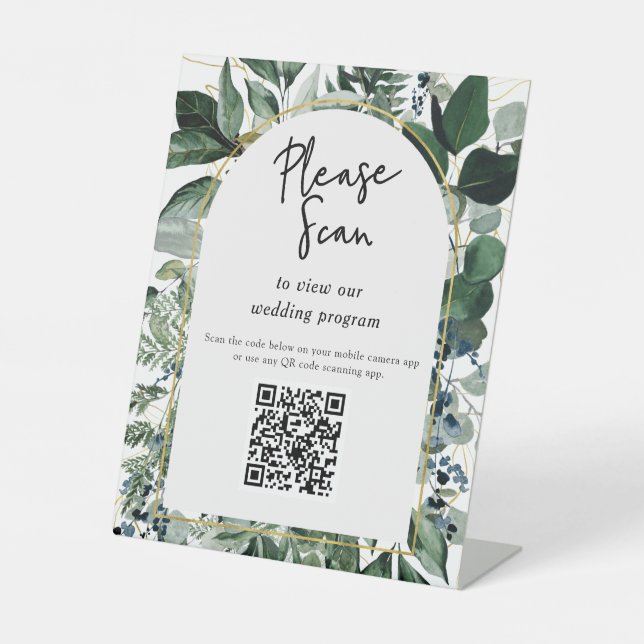 QR Code Hochzeitsprogramm Modernes botanisches Grü Sockelschild (Vorderseite)