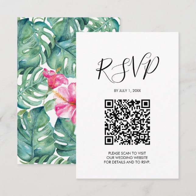 QR-Code HochzeitsrSVP Pink Tropical Enclosure Card RSVP Karte (Vorne/Hinten)