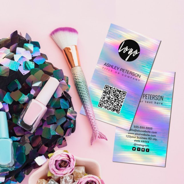 QR Code holografischer Regenbogen | Soziale Medien Visitenkarte (#zazzlemade #boutiqueshop #logobranding #pinkfuchsiabrightvivid #unicorn #hairstylist #makeupartist)