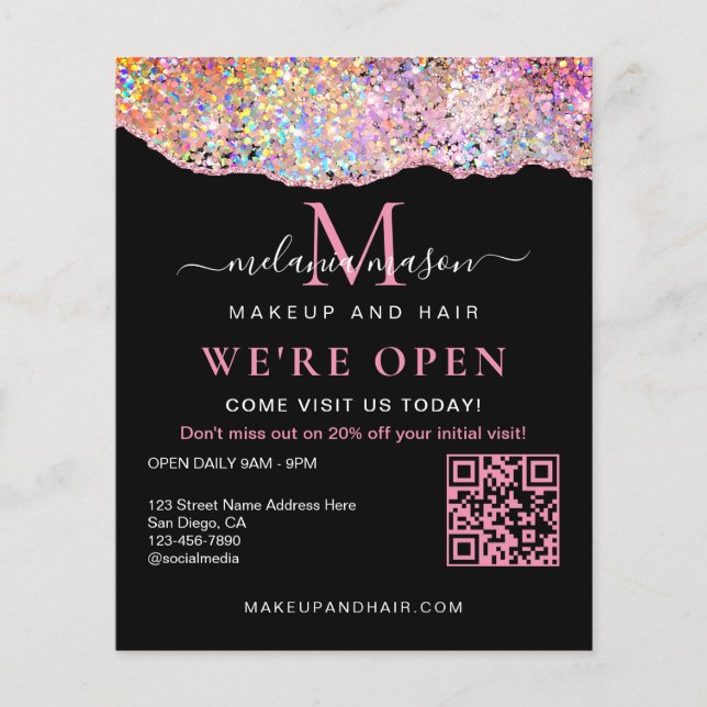 QR Code Holographic Agate Glitzer Wir sind Open Bl Flyer (Vorne)