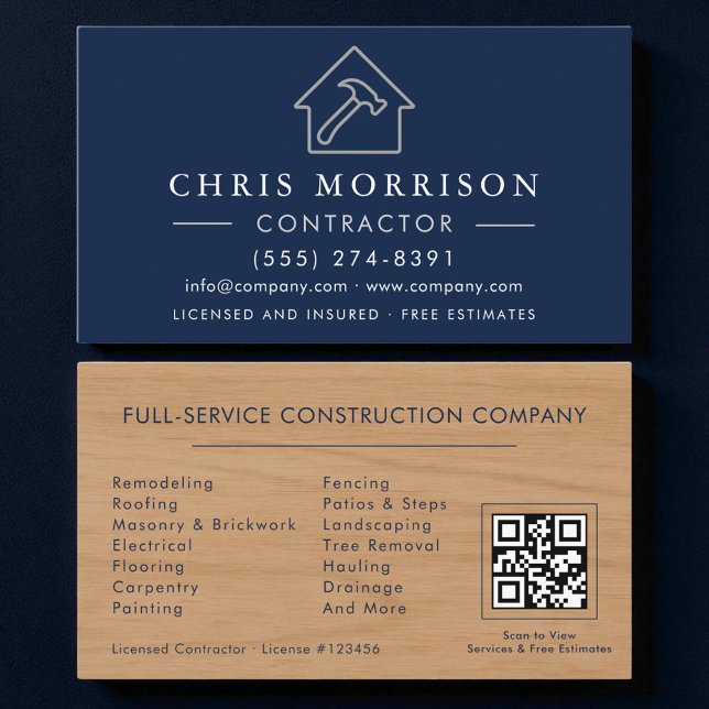 QR-Code Holz Bauwesen Navy Blau  Visitenkarte (Von Creator hochgeladen)