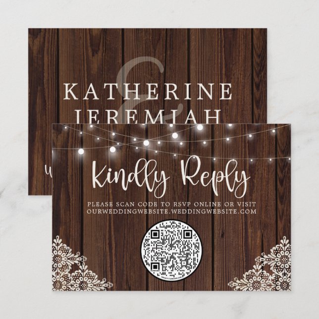 QR Code Holz String Lights Hochzeitung RSVP Karte (Vorne/Hinten)