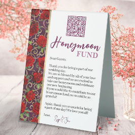 QR Code Honeymoon Fund für Burgund und Gold Rote R Tischaufsteller