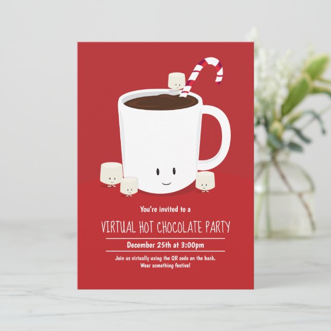 QR Code Hot Chocolate Virtual Christmas Party Einladung (Stehend Vorderseite)