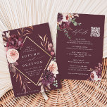 QR-Code in einem Herbst - Romance Burgundy Wedding Einladung<br><div class="desc">Diese Einladung beinhaltet einen Aquarellkranz aus Dahlien, Rose und Pony in bordeauxroten, maronen und rot rosa Blume über Herbstlauben mit einem Imitat goldenen Rahmen und Hochzeitsdetails, QR Code Website Link auf der Rückseite. Klicken Sie auf die SCHALTFLÄCHE BLAUE DESIGN TOOL, um eine erweiterte Anpassung dieses Designs zu erhalten. Matching-Elemente sind...</div>