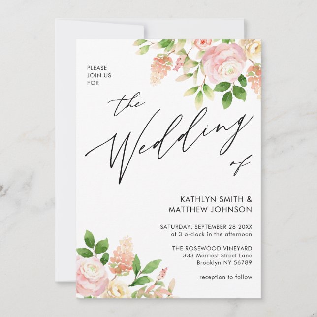 QR-Code in einer rosa Rosengrün-Hochzeit Einladung (Vorderseite)