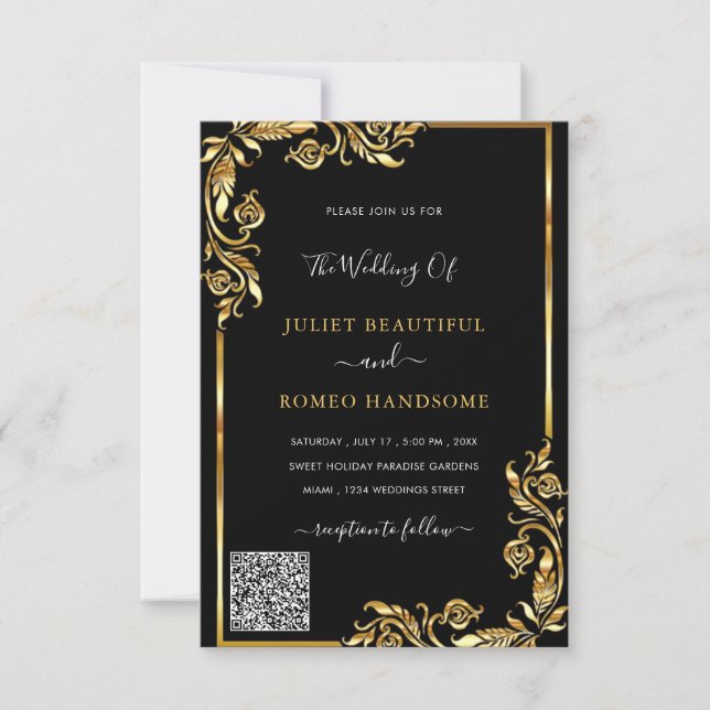 QR Code Info Black Gold Wedding Einladungskarte (Vorderseite)