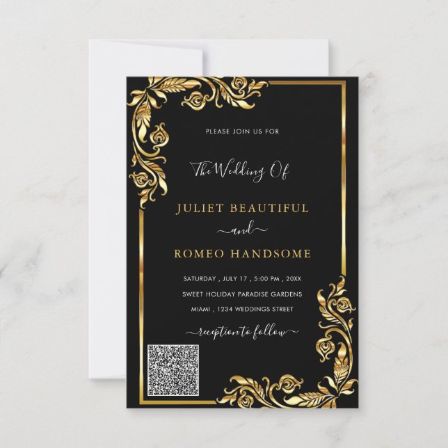 QR Code Info Black Gold Wedding Einladungskarte (Vorderseite)