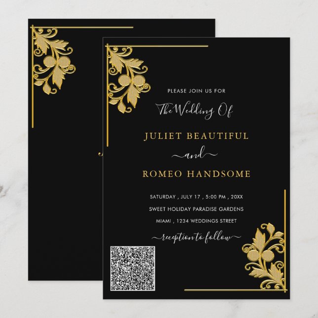 QR Code Info Floral Black Gold Hochzeit Einladung (Vorne/Hinten)