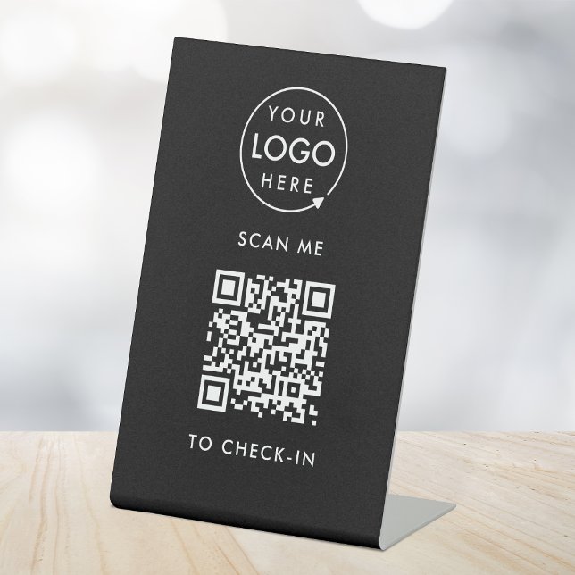 QR-Code-Karo | Kontaktlose Schwarz-Business-Logos Sockelschild (Interactive QR code check-in signage with your business logo.)