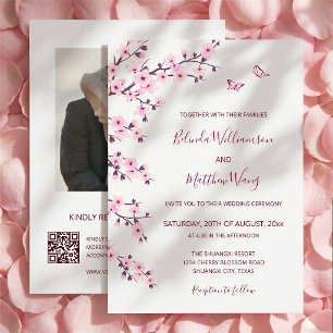 QR-Code   Kirschblüten Rosa Weiße Hochzeit Einladung