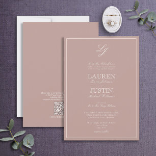 QR Code Klassische Dusty Rose Script Monogram Wedd Einladung
