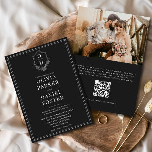 QR Code Klassisches Wappen Schwarz-Weiß-Foto Hochz Einladung