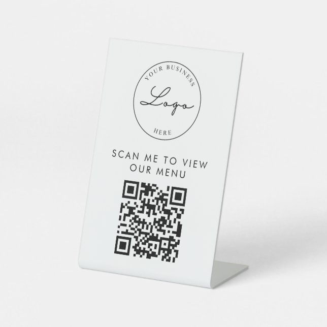 QR-Code - Kontaktloses Menü - Logo Weiß Minimalist Sockelschild (Vorderseite)