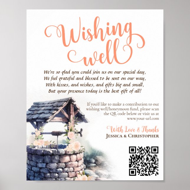 QR Code Korallenpfirsichbriefe Rose Hochzeit wünsc Poster (Vorne)