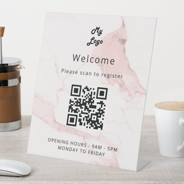 QR-Code Kundenregistrierung Rosa Marmor Empfang Sockelschild (In Situ)