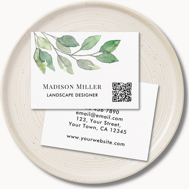 QR Code Landscape Designer Aquarellgrün Visitenkarte (Von Creator hochgeladen)