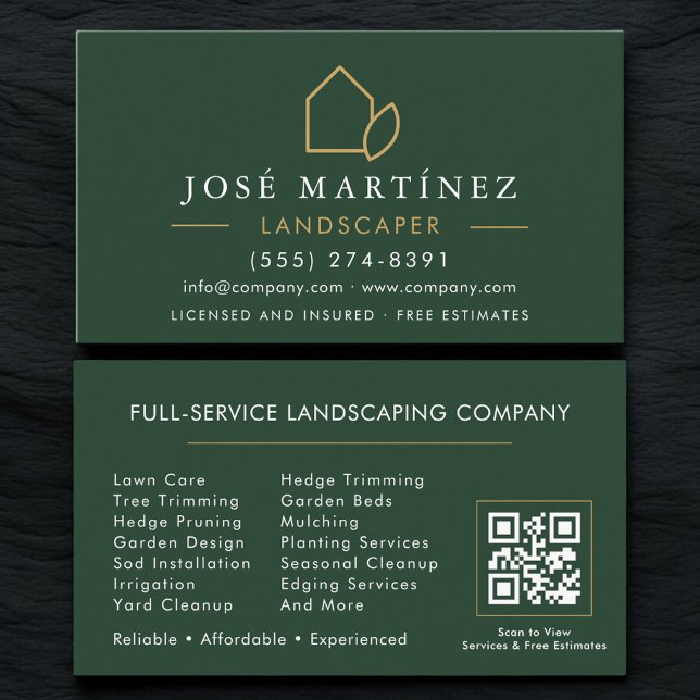 QR Code Landscaper Lawn Care Green Gold Visitenkarte (Von Creator hochgeladen)