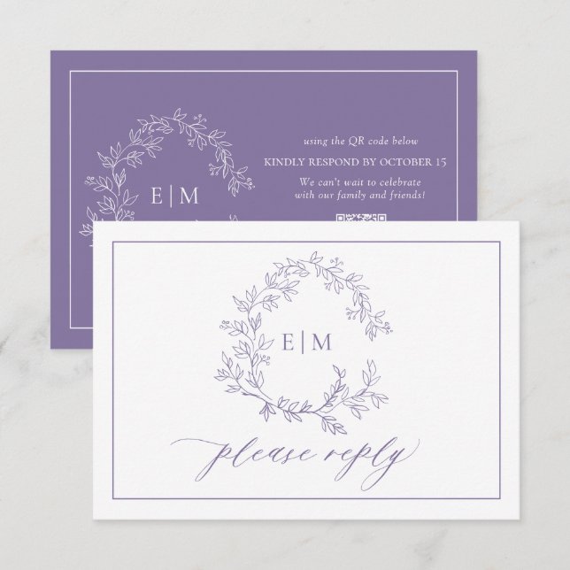 QR Code Lavender Leafy Wappen Monogram Wedding RSVP Karte (Vorne/Hinten)