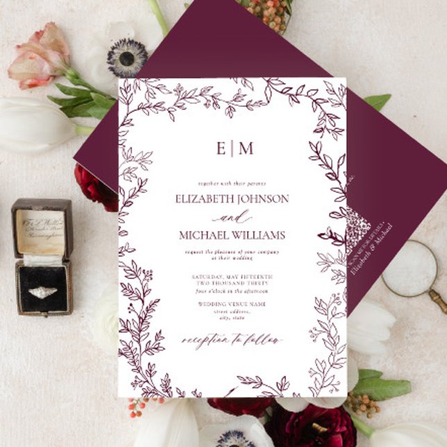 QR Code Leaf Burgundy Elegant Monogram Wedding Einladung (Von Creator hochgeladen)