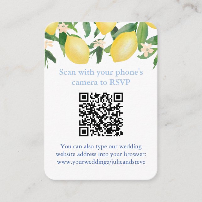QR Code Lemons Blue and White Citrus Wedding RSVP Begleitkarte (Vorderseite)