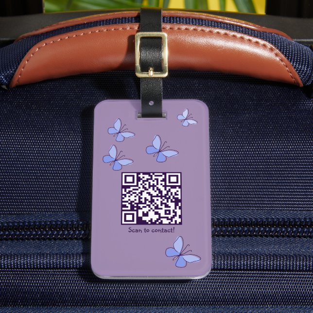 QR-Code Lila-Blauen Schmetterlinge Gepäckanhänger (Vorderseite Insitu 2)