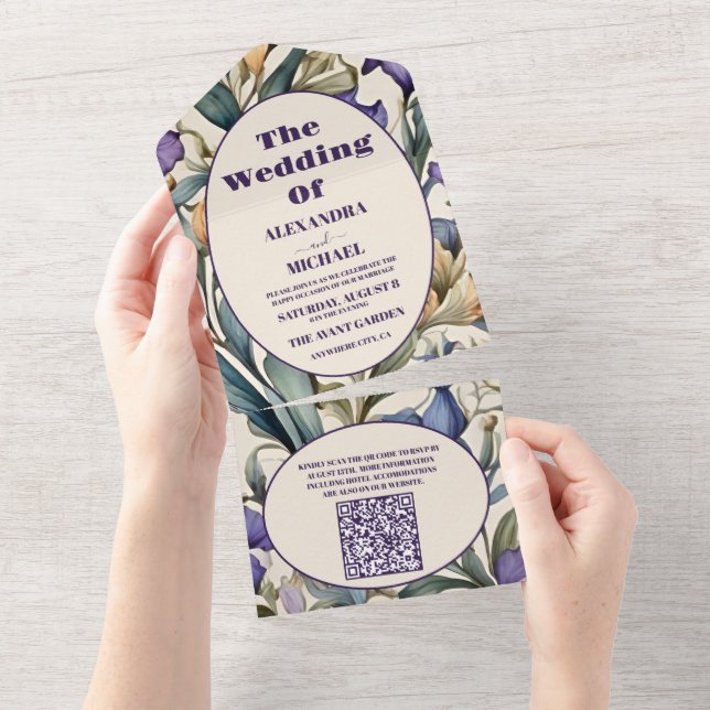 QR Code Lila Iris Art Nouveau Wedding All In One Einladung (Abreißen)