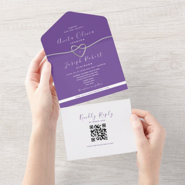 QR-Code Lila Silberherz-Hochzeit All In One Einladung (Abreißen)