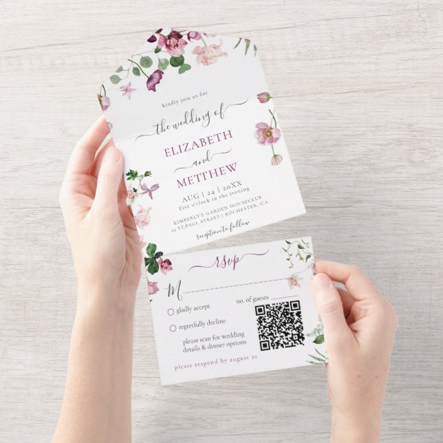 Qr Code Lila und rosa Hochzeit All In One Einladung (Abreißen)