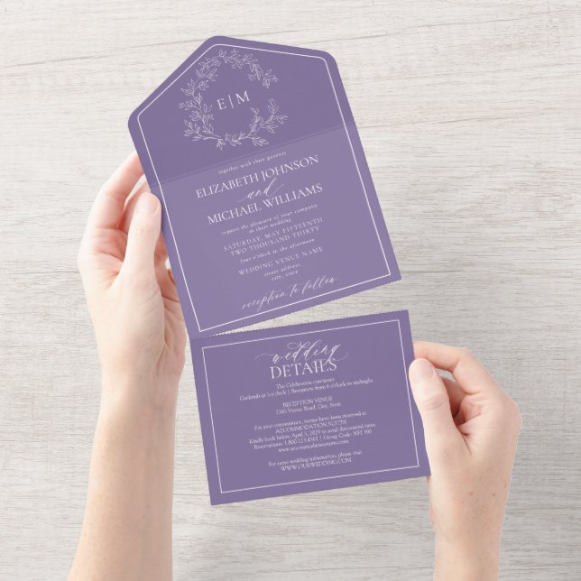 QR-Code Lilac Lavender Leafer Wappen Monogramm All In One Einladung (Abreißen)