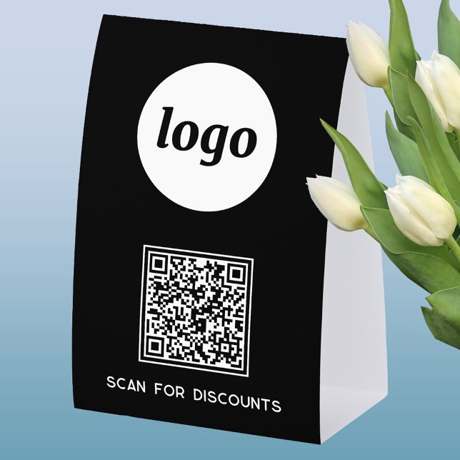 QR Code Logo Business Scan for Discounts Black Tischaufsteller (Simple logo with custom text business branding promotional QR code table tent sign)