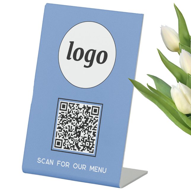 QR-Code-Logo-Business-Scan für Menü blau Sockelschild (Logo QR code custom text scan for menu pedestal sign)