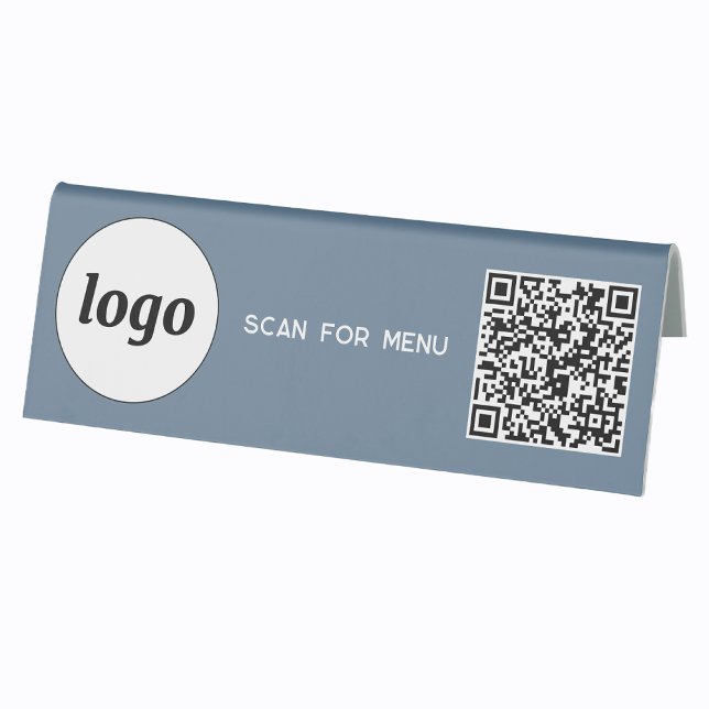 QR Code Logo Business Scan für Menü Dusty Blue Tischaufsteller (Logo QR code scan for menu table tent sign business cafe restaurant shop store signage and more)