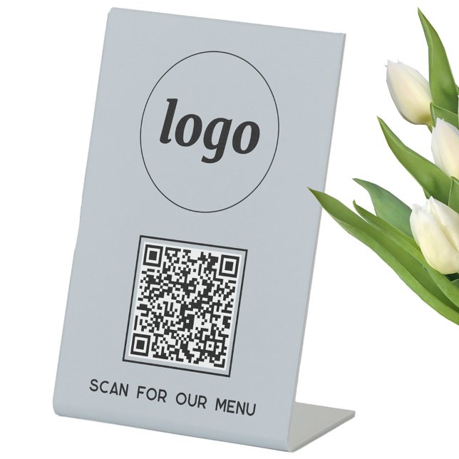 QR Code Logo Business Scan für Menü Light Blue Sockelschild (Logo with custom text and QR code light dusty powder blue business Scan for Menu pedastal sign)