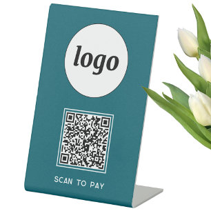 QR-Code-Logo-Business-Scan zur Bezahlung Aquamarin Sockelschild