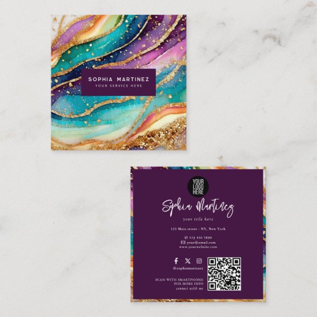 QR Code & Logo Elegant Rainbow Agate gold Glitter  Quadratische Visitenkarte (Vorne/Hinten)