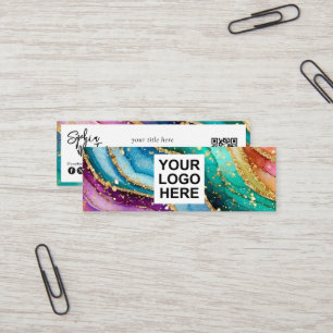 QR-Code & Logo Elegant Regenbogen-Achat Gold Glitt Mini Visitenkarte