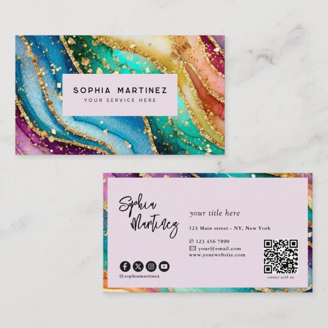 QR-Code & Logo Elegant Regenbogen-Achat Gold Glitt Visitenkarte (Vorne/Hinten)