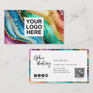 QR-Code & Logo Elegant Regenbogen-Achat Gold Glitt Visitenkarte