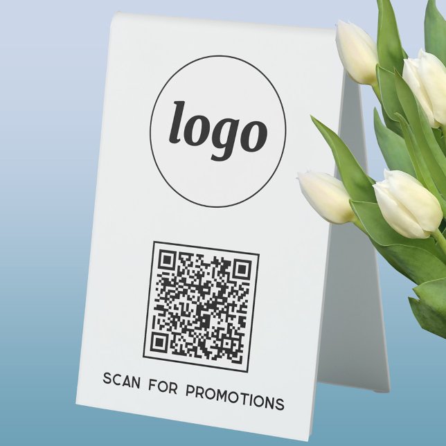 QR-Code-Logo Geschäft Scan für Aktionen Tischaufsteller (Simple logo with custom text business branding promotional QR code table tent sign)
