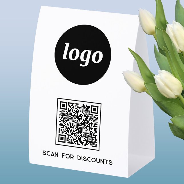 QR-Code-Logo Geschäft Scan für Rabatte Tischaufsteller (Simple logo with custom text business branding promotional QR code table tent sign)